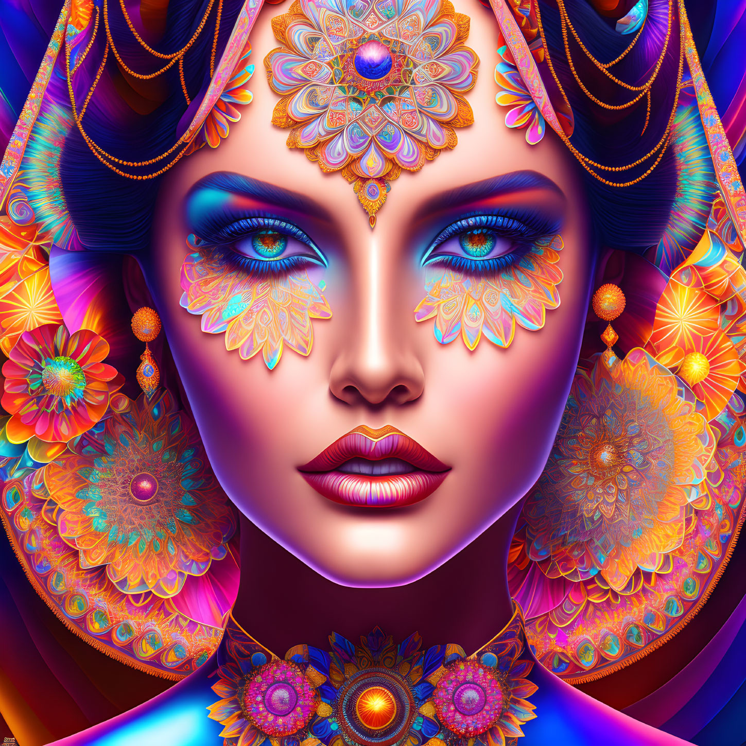 Colorful digital illustration of a woman with intricate makeup and jewelry, floral mandala patterns