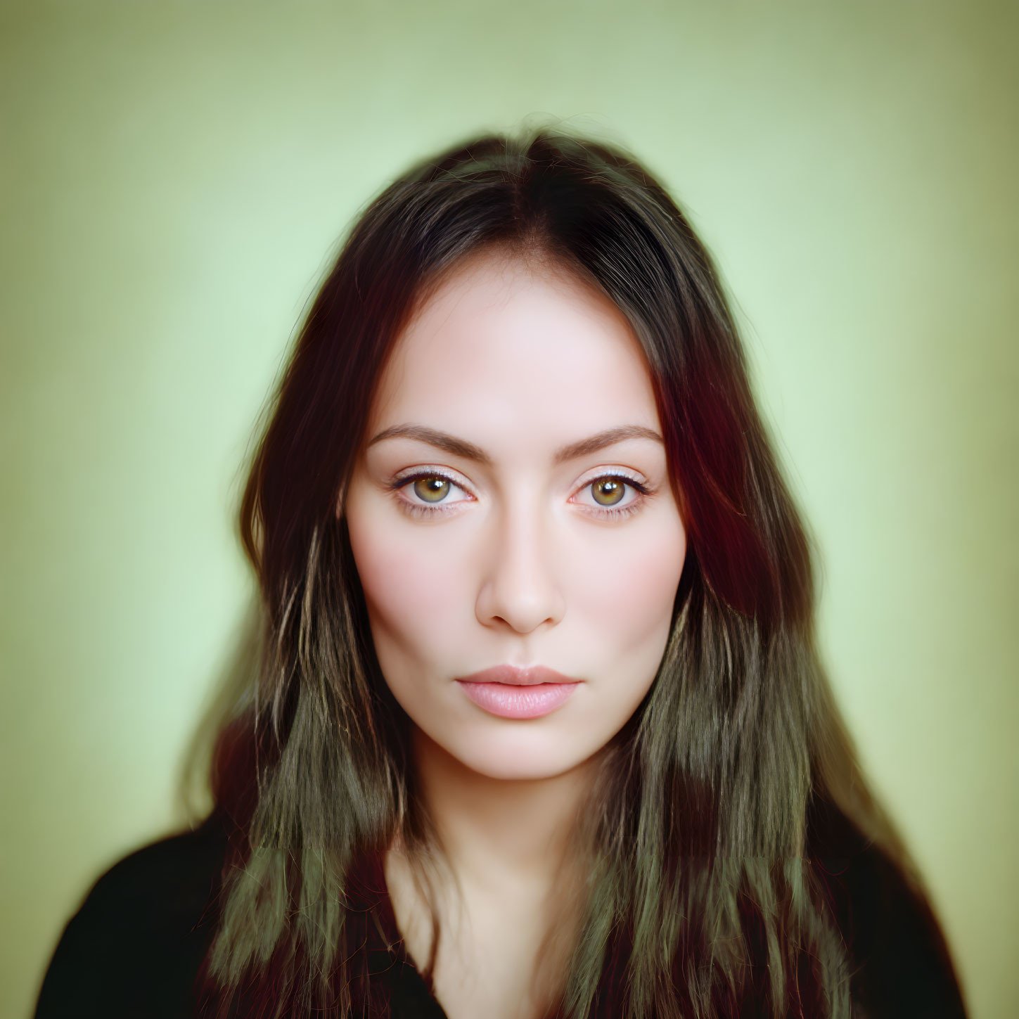 Portrait of woman with long dark hair and hazel eyes on greenish-yellow background