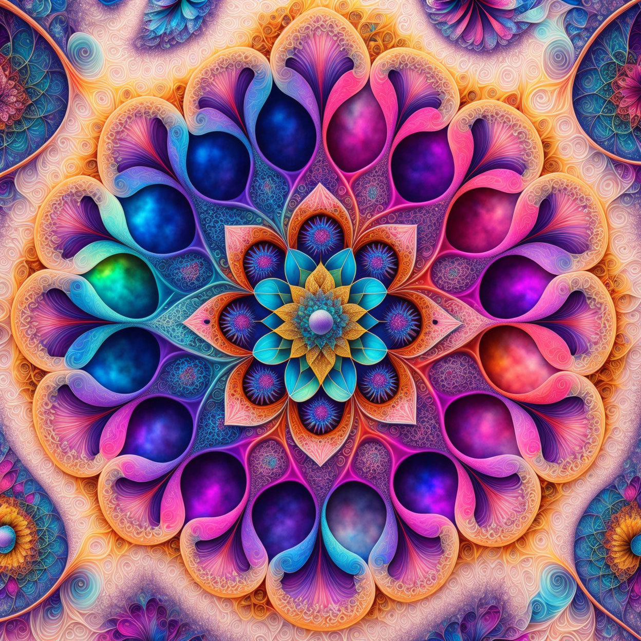 Symmetrical floral fractal pattern in rich blues, purples, and oranges