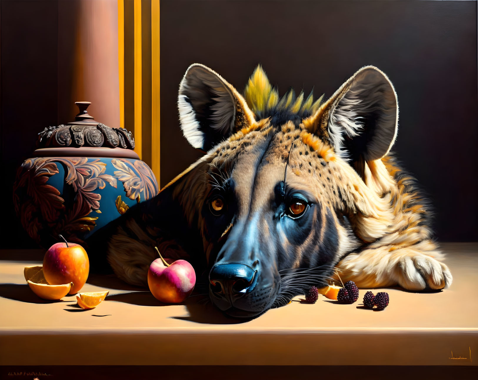 Hyperrealistic Creature Painting with Tiger Eyes and Dog Body among Fruits and Urn