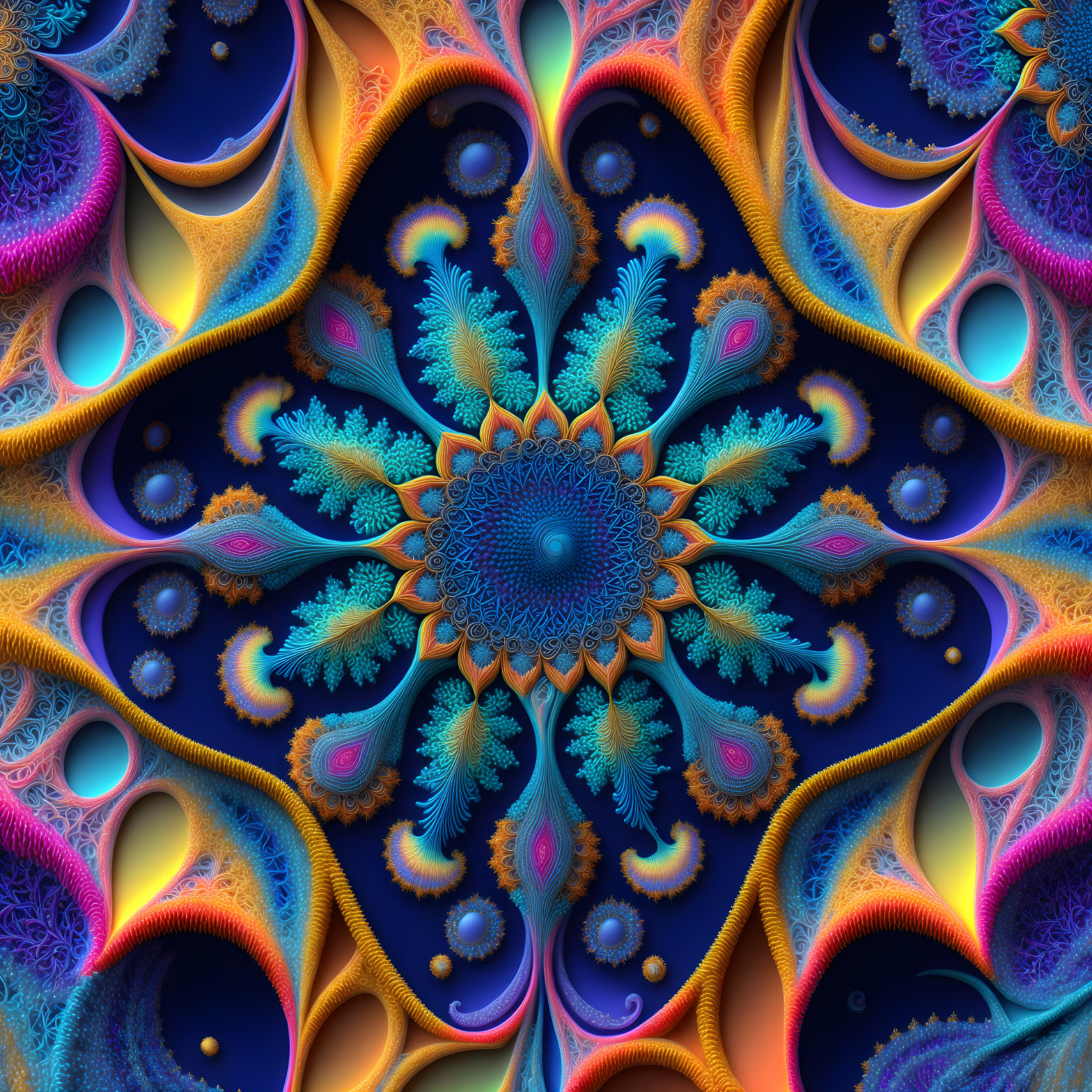 Colorful fractal artwork with blue, purple, and gold kaleidoscopic pattern