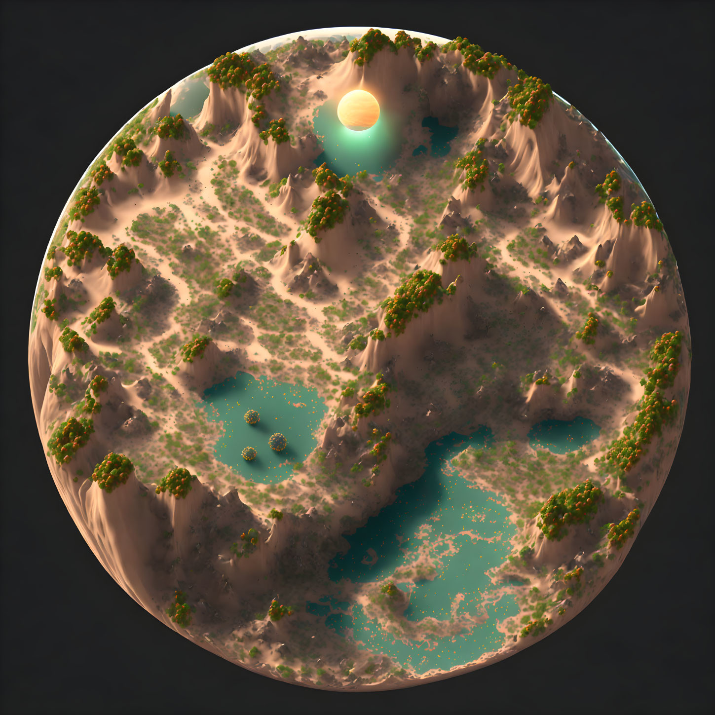 Miniature spherical landscape with mountains, trees, lakes, and central sun.