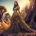 Woman in Elaborate Green Dress in Mystical Forest with Twisted Trees