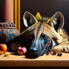 Hyperrealistic Creature Painting with Tiger Eyes and Dog Body among Fruits and Urn