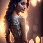 Elegant woman in white lace dress with wavy hair, warm bokeh background