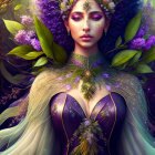 Fantasy portrait of a woman in purple and green dress with flowery adornments