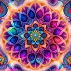 Symmetrical floral fractal pattern in rich blues, purples, and oranges