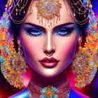 Colorful digital illustration of a woman with intricate makeup and jewelry, floral mandala patterns