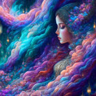 Colorful flowing hair woman with flower embellishments in starry backdrop.