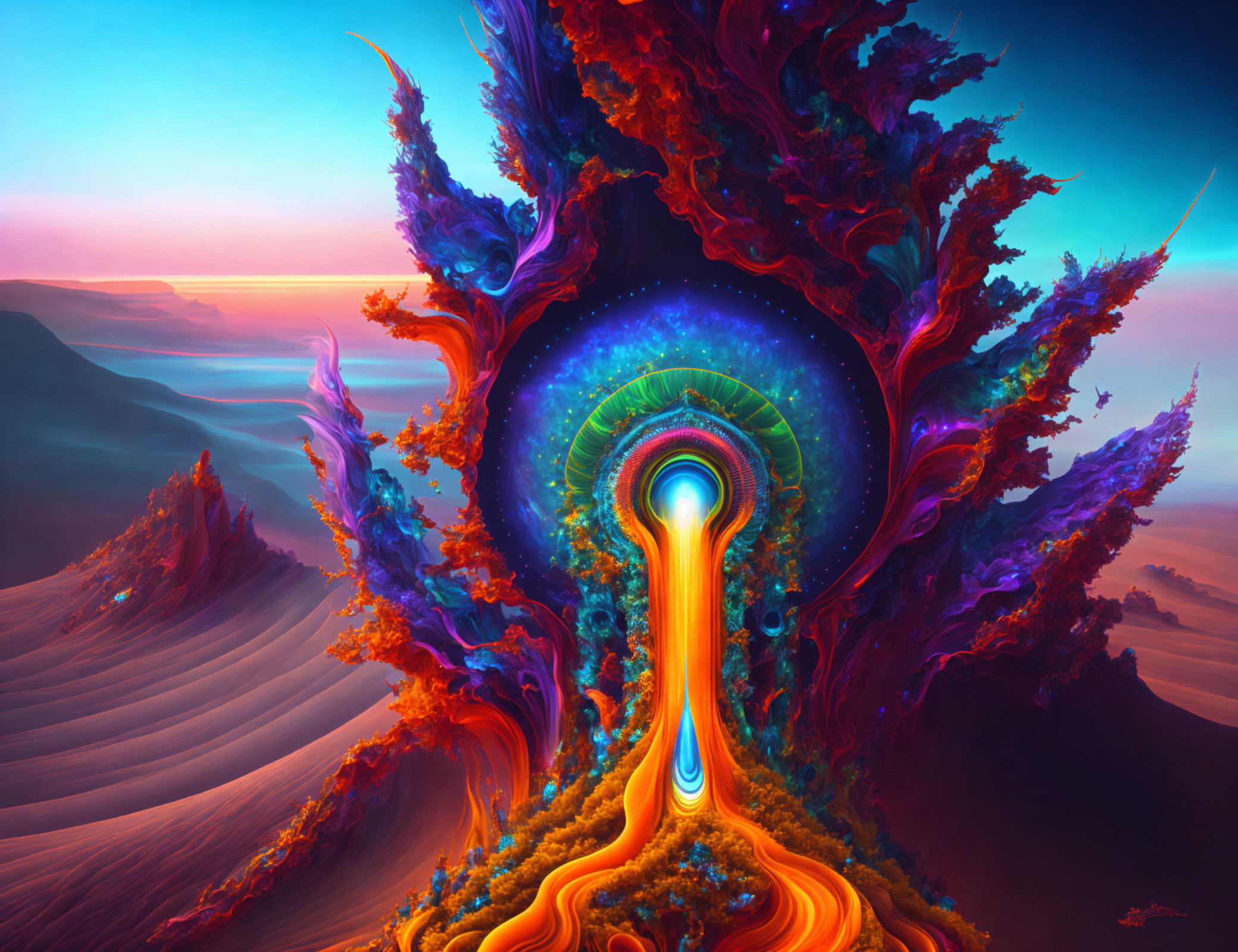 Colorful digital artwork of an otherworldly landscape with intricate, organic portal on red terrain.