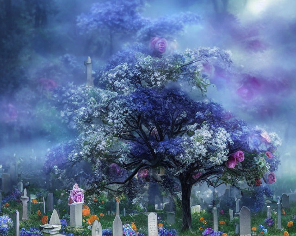 Mystical cemetery scene with blooming tree, pumpkins, and purple roses