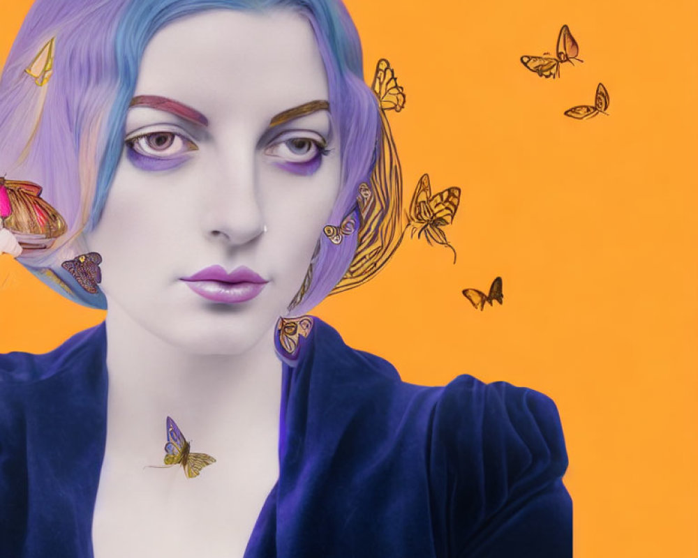 Purple-haired person with makeup on orange background with illustrated butterflies.