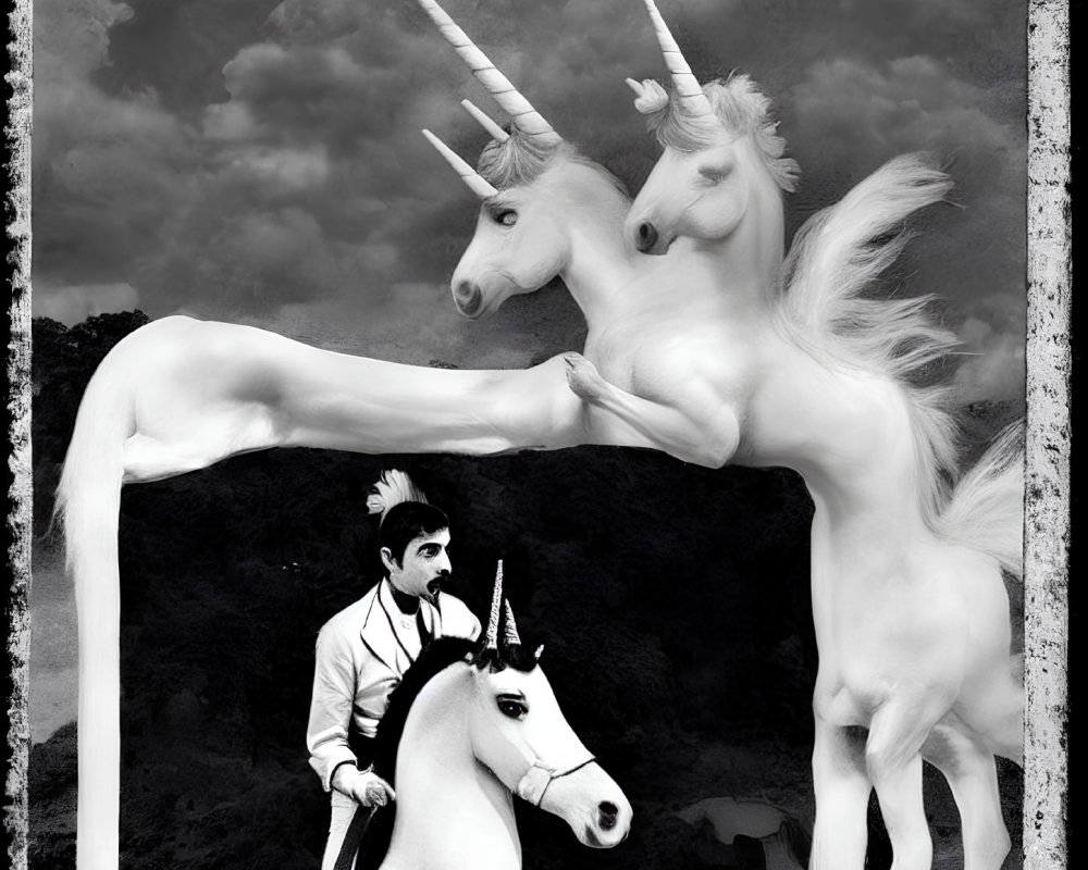 Surreal black and white image of person with unicorn horn riding unicorn