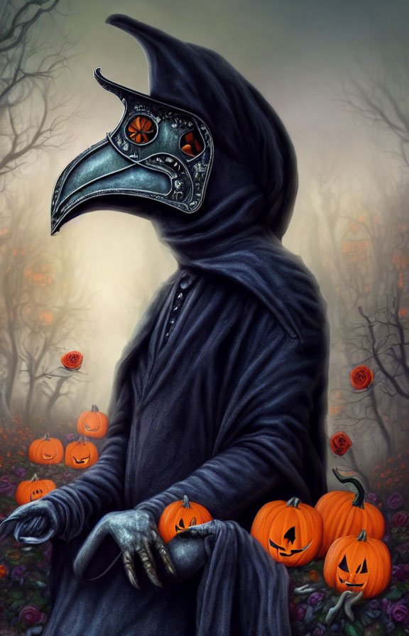 Person in Dark Cloak with Plague Doctor Mask in Misty Pumpkin Forest