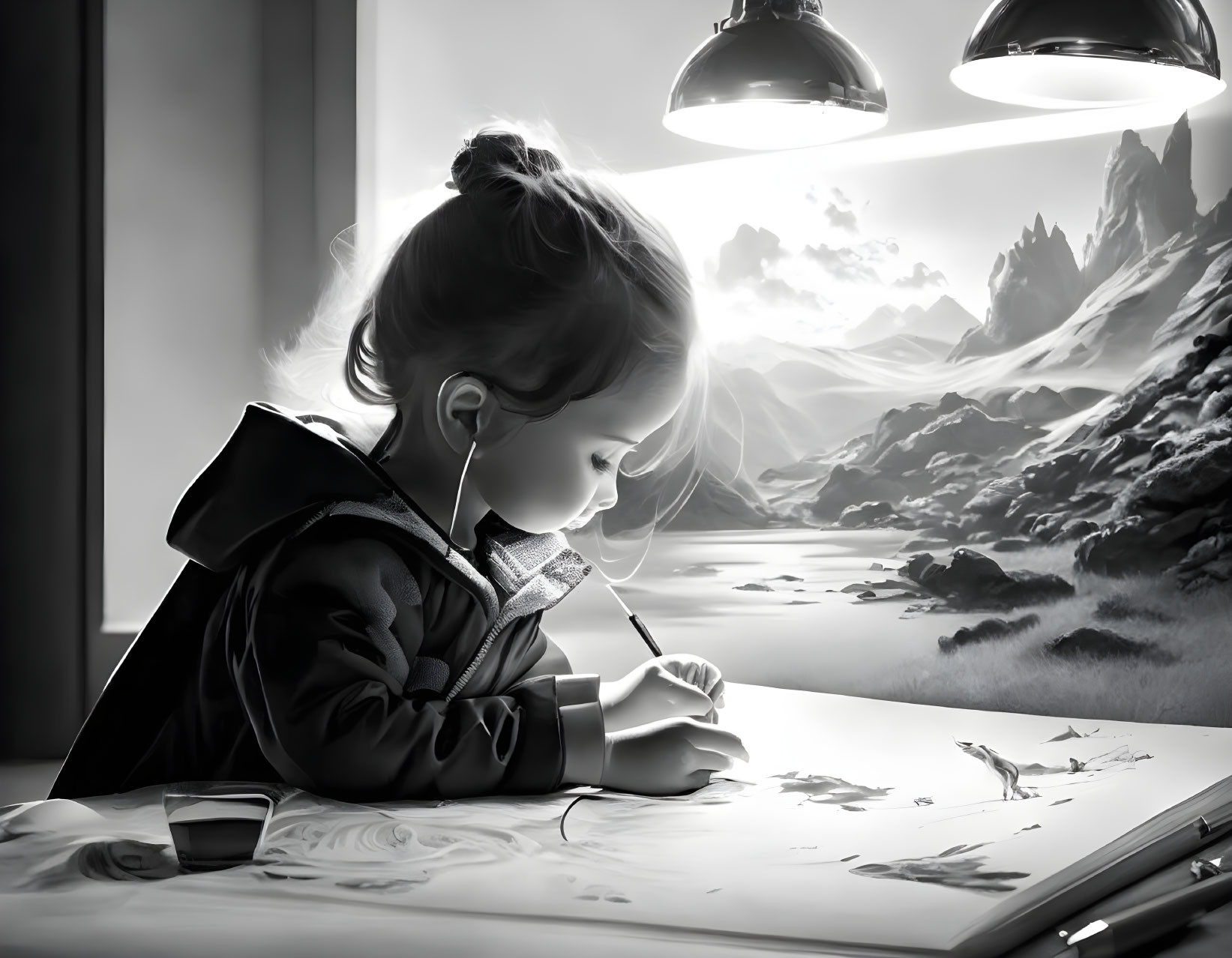 Child drawing at table with mountain backdrop and sunrise view.