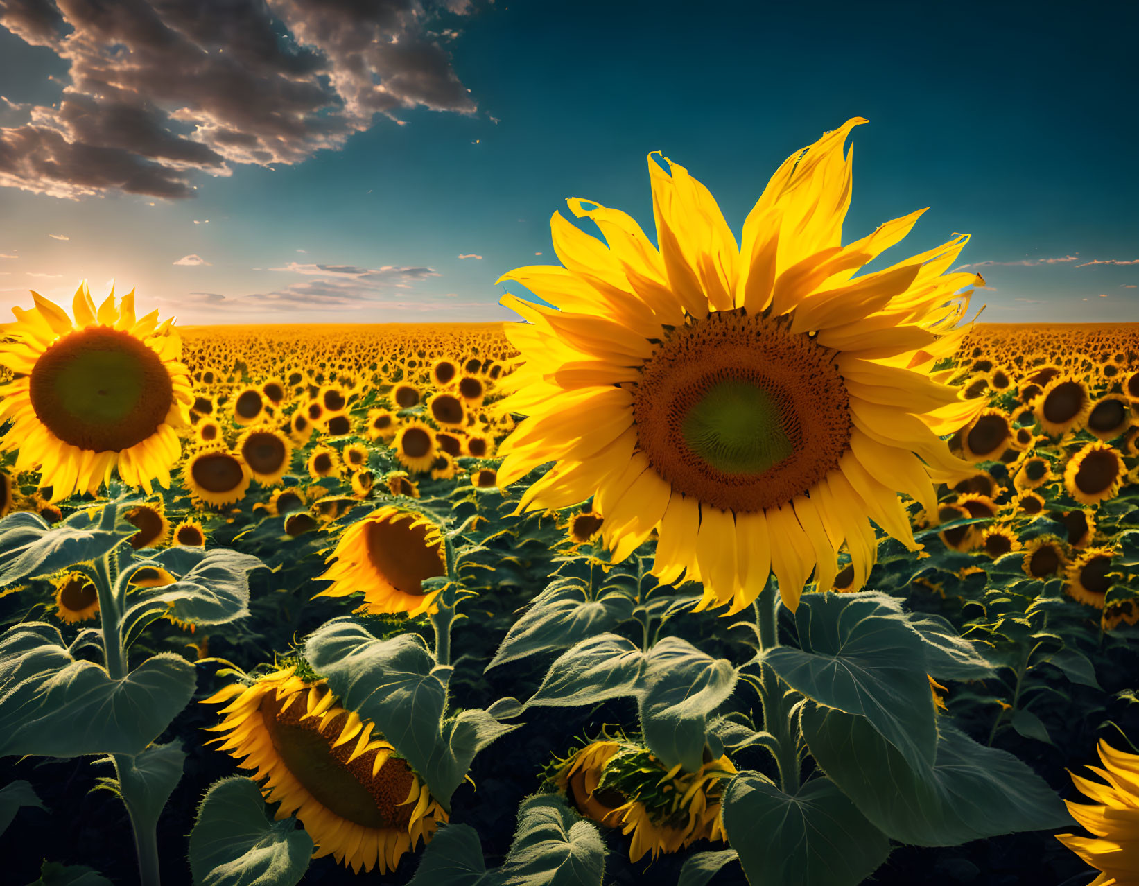 Sunflower Field at Sunset Under Blue Sky and Wispy Clouds