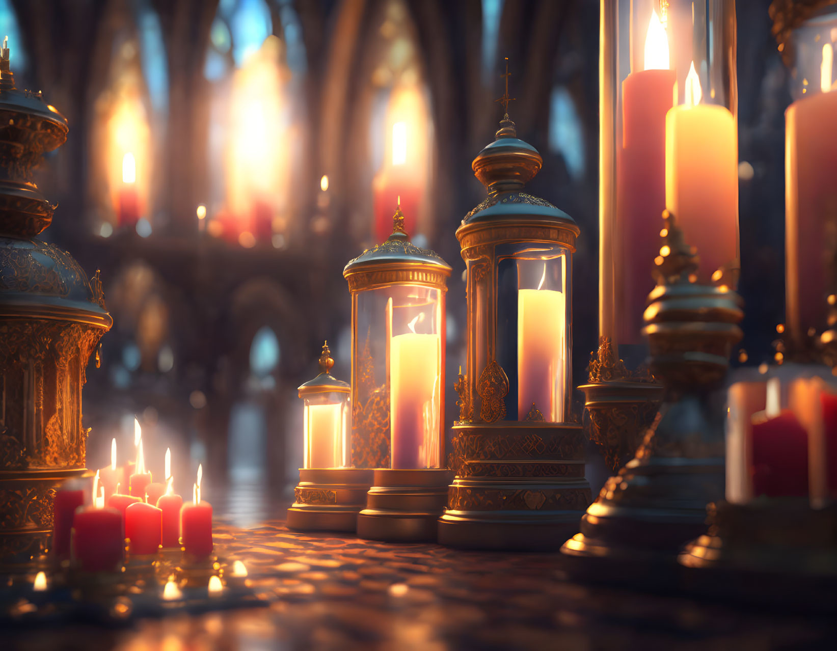 Array of Glowing Candles and Lanterns Against Softly Lit Background