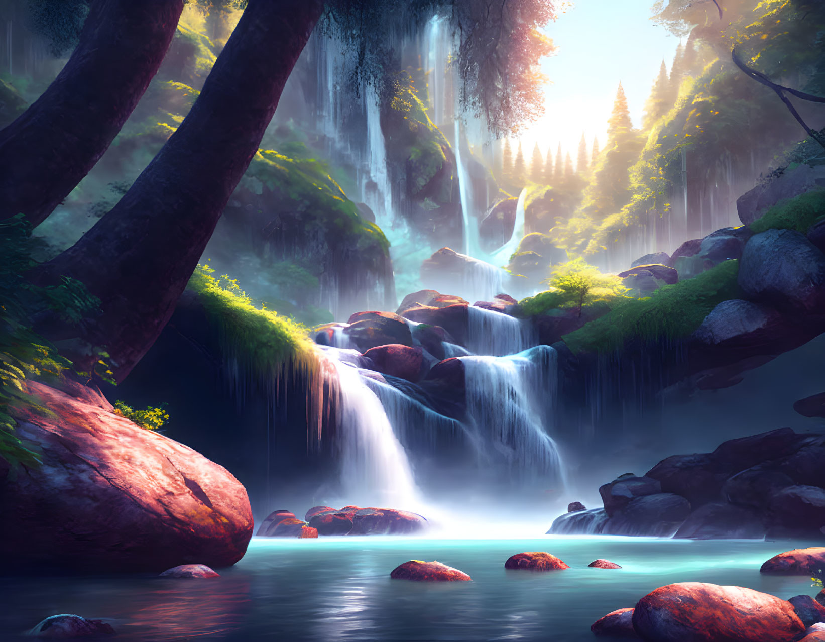 Tranquil forest scene: waterfall, sunlight, mist, trees