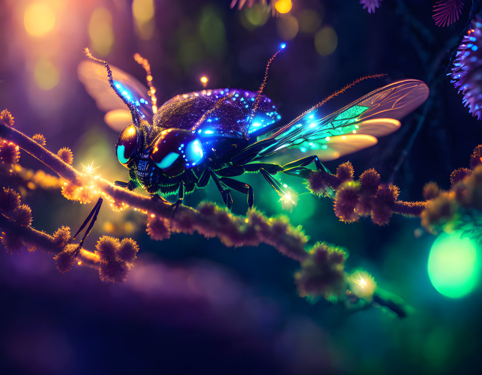 Colorful futuristic insect on glowing branch in neon backdrop