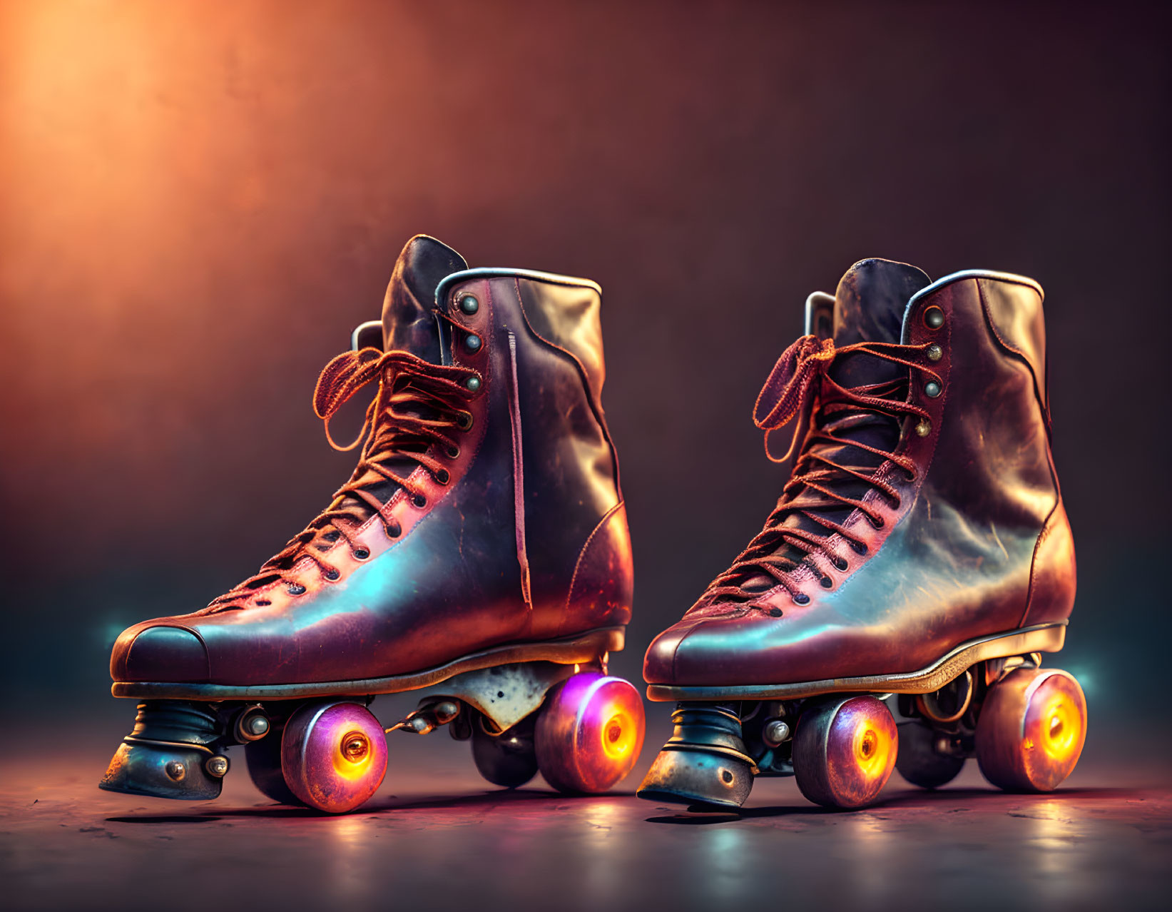 Vintage Roller Skates with Glowing Wheels on Dark Background