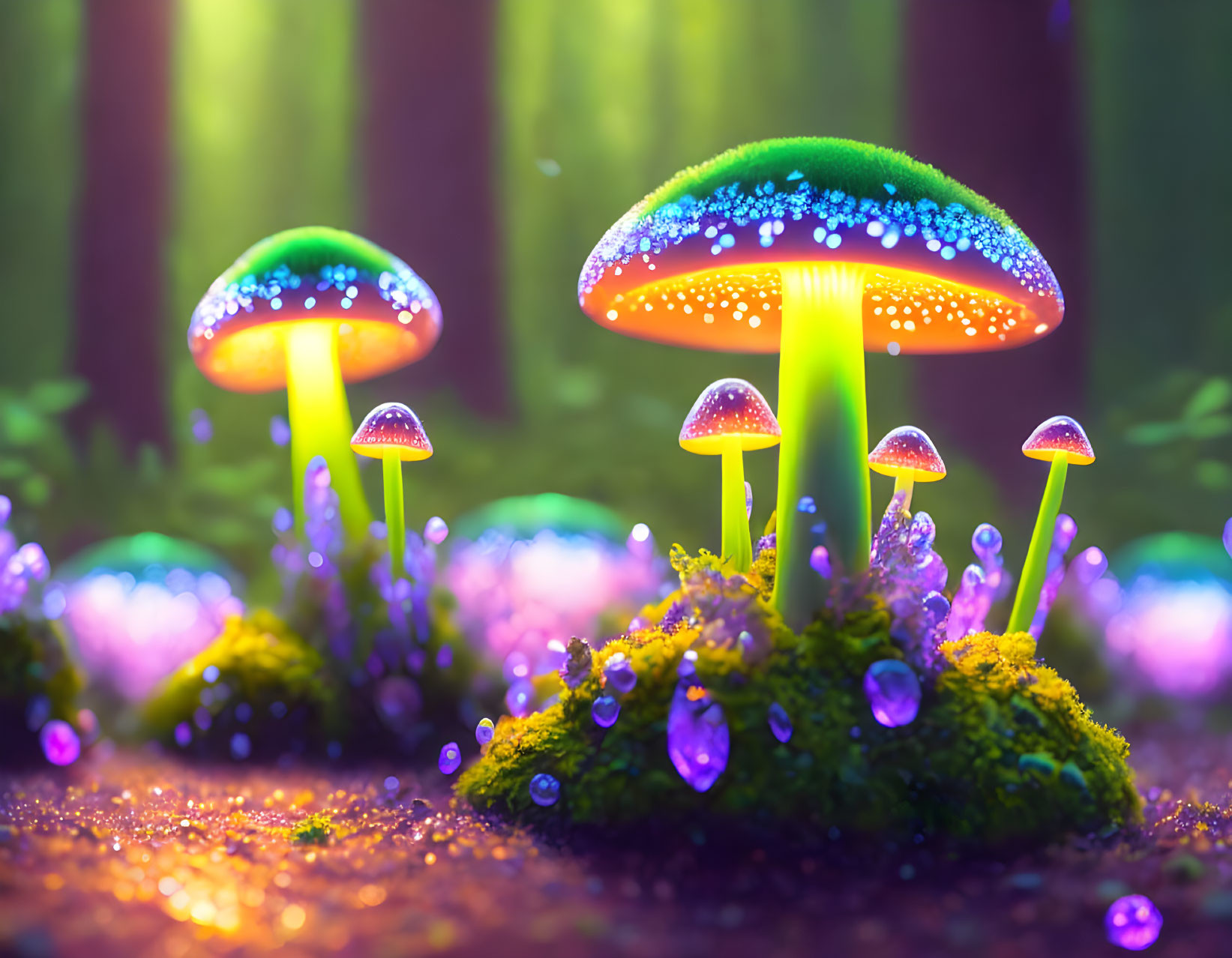 Colorful Glowing Mushrooms in Mystical Forest Setting