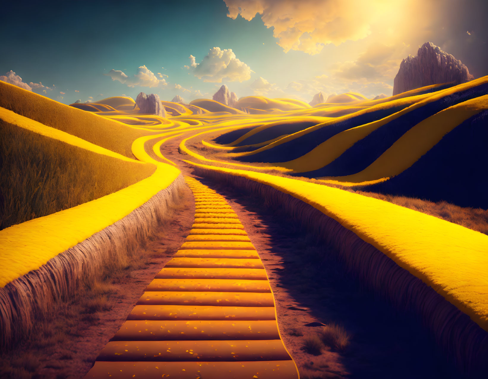 Yellow Brick Road Through Rolling Hills at Sunset