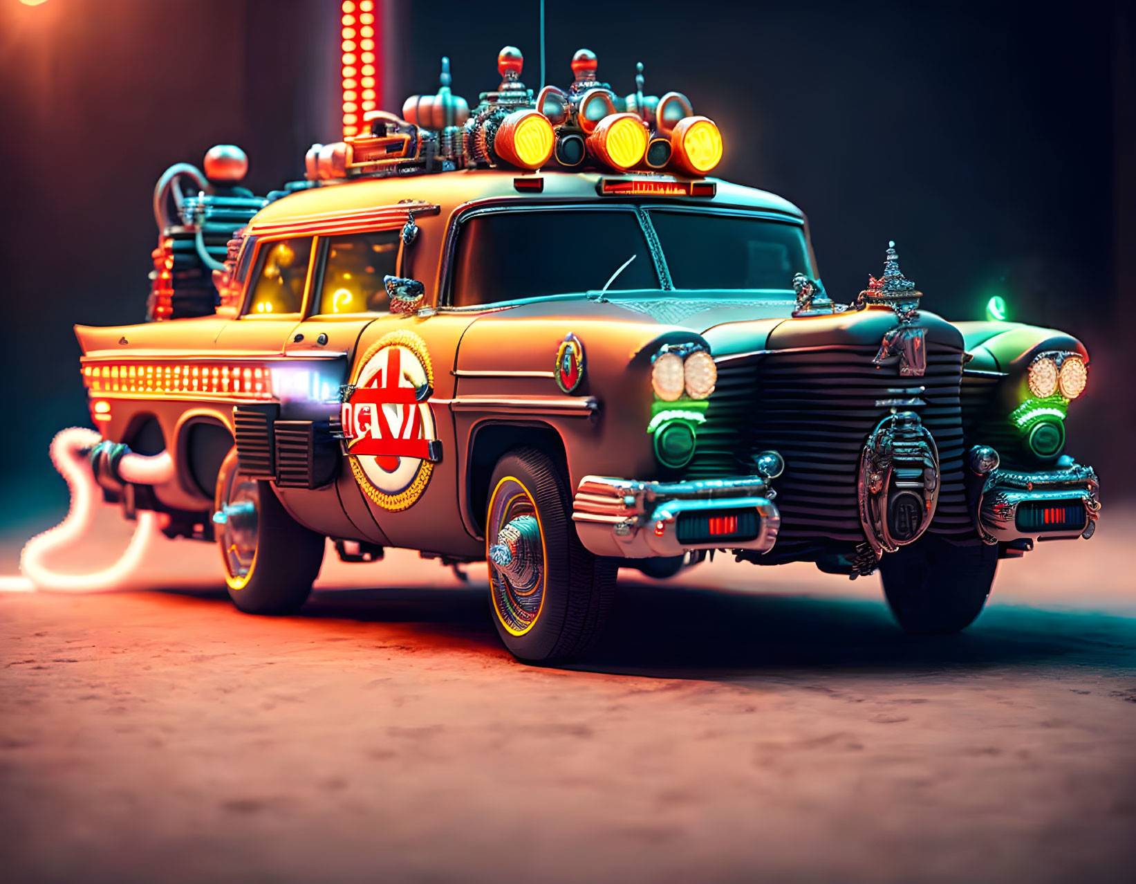 Detailed Stylized Illustration of Ghostbusters' Ecto-1 Car