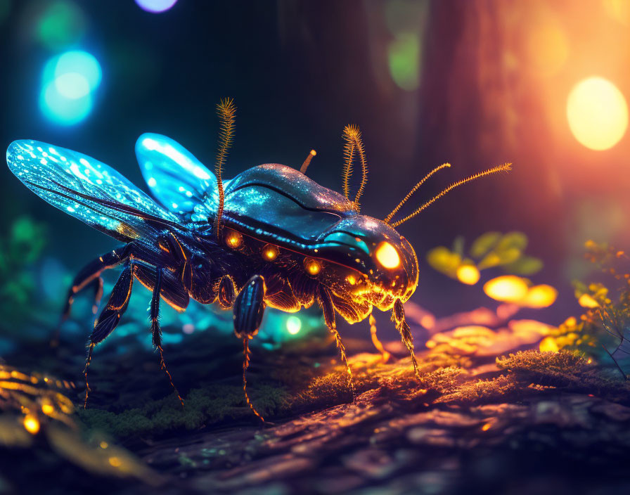 Bioluminescent insect with translucent wings in dreamy forest