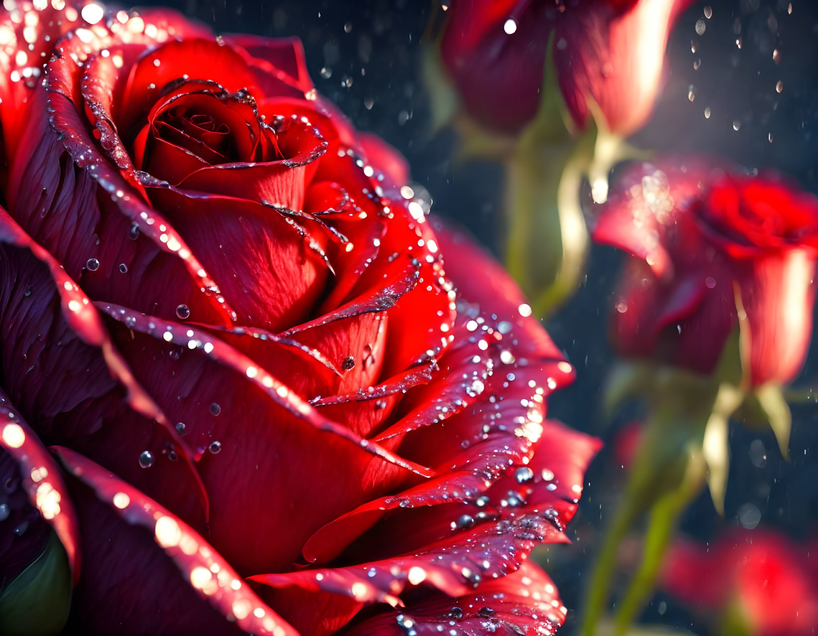 Vibrant red roses with dew under sunlight