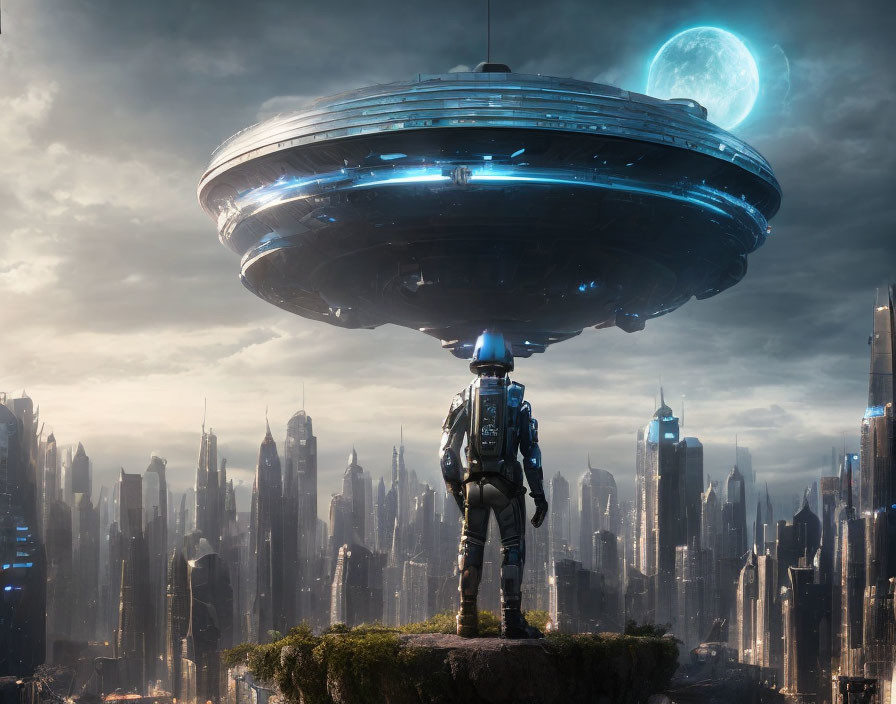 Astronaut overlooking futuristic cityscape with skyscrapers and spaceship