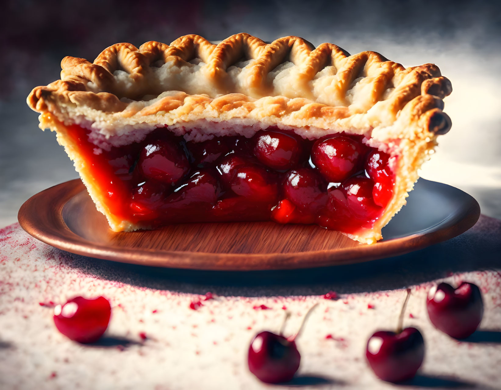 Cherry pie slice with flaky crust on wooden plate surrounded by cherries