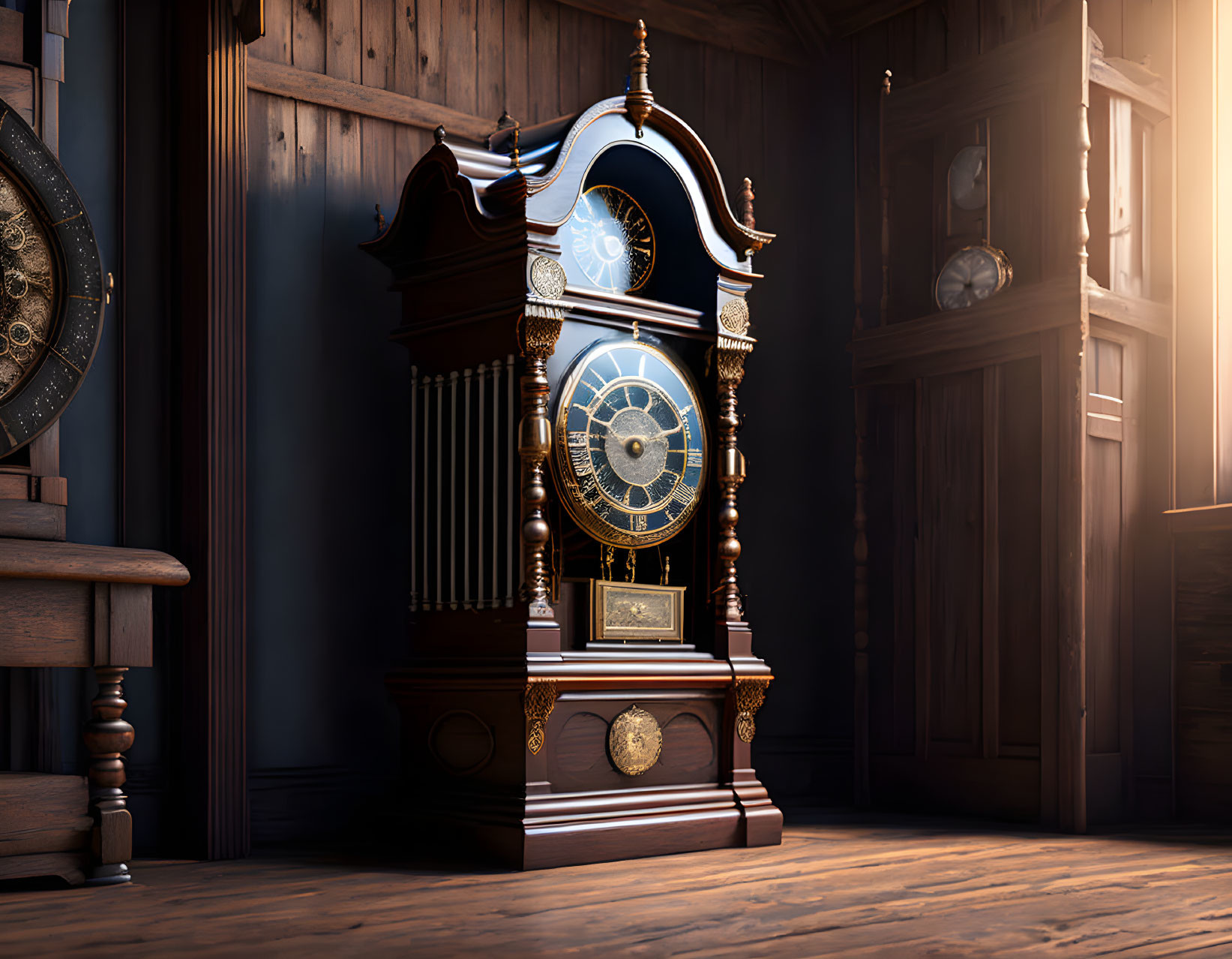 Ornate grandfather clock in room with wooden walls and sunlight filtering through window