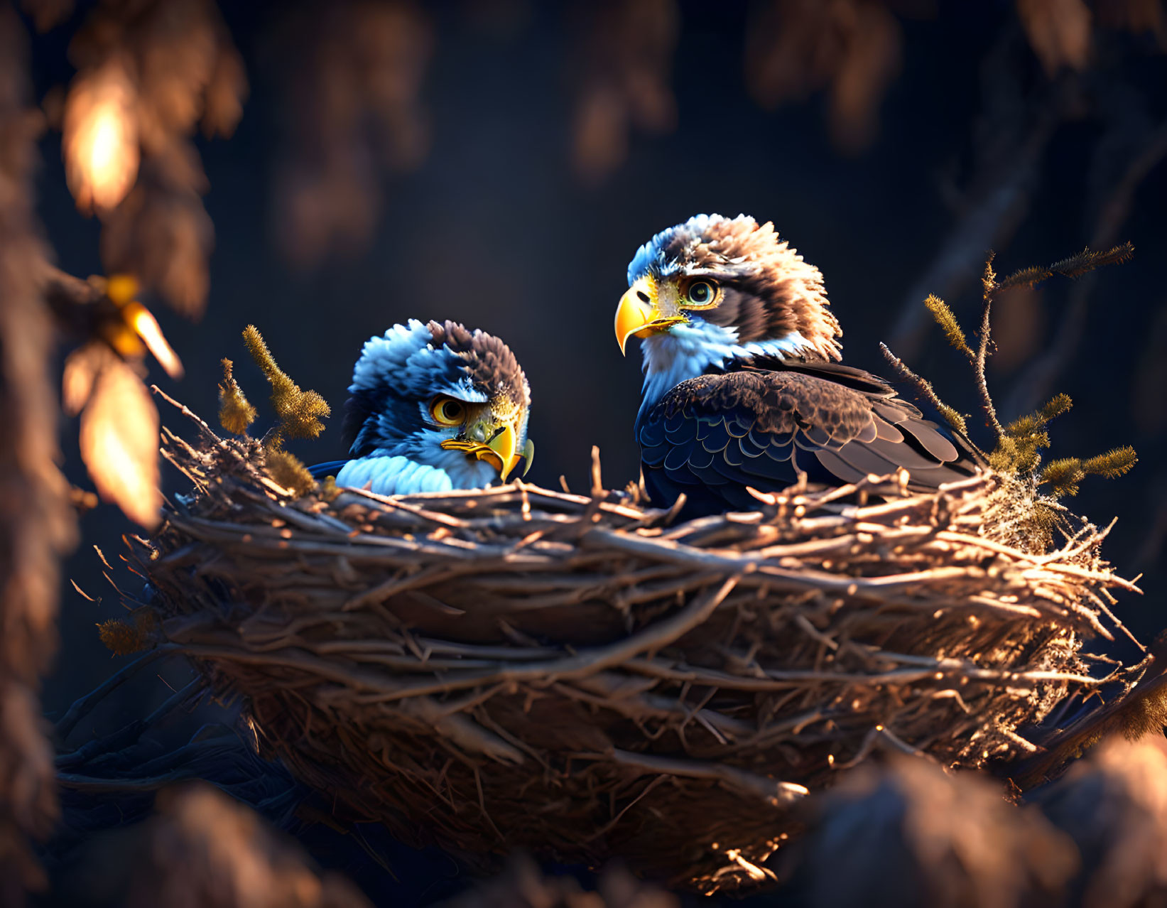 Realistic CGI eagles nesting in twigs with dimly lit background