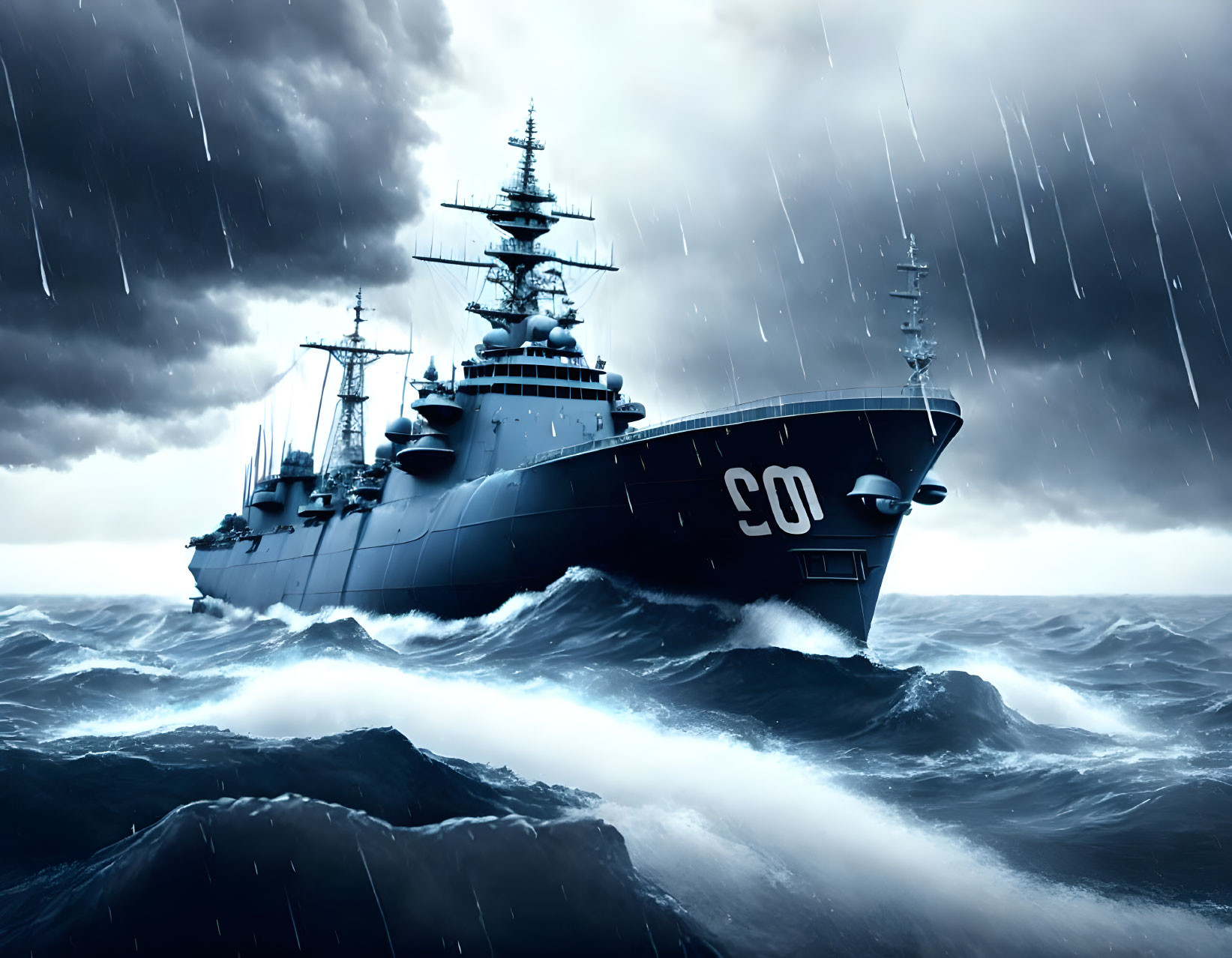 Warship navigating stormy sea in dark skies