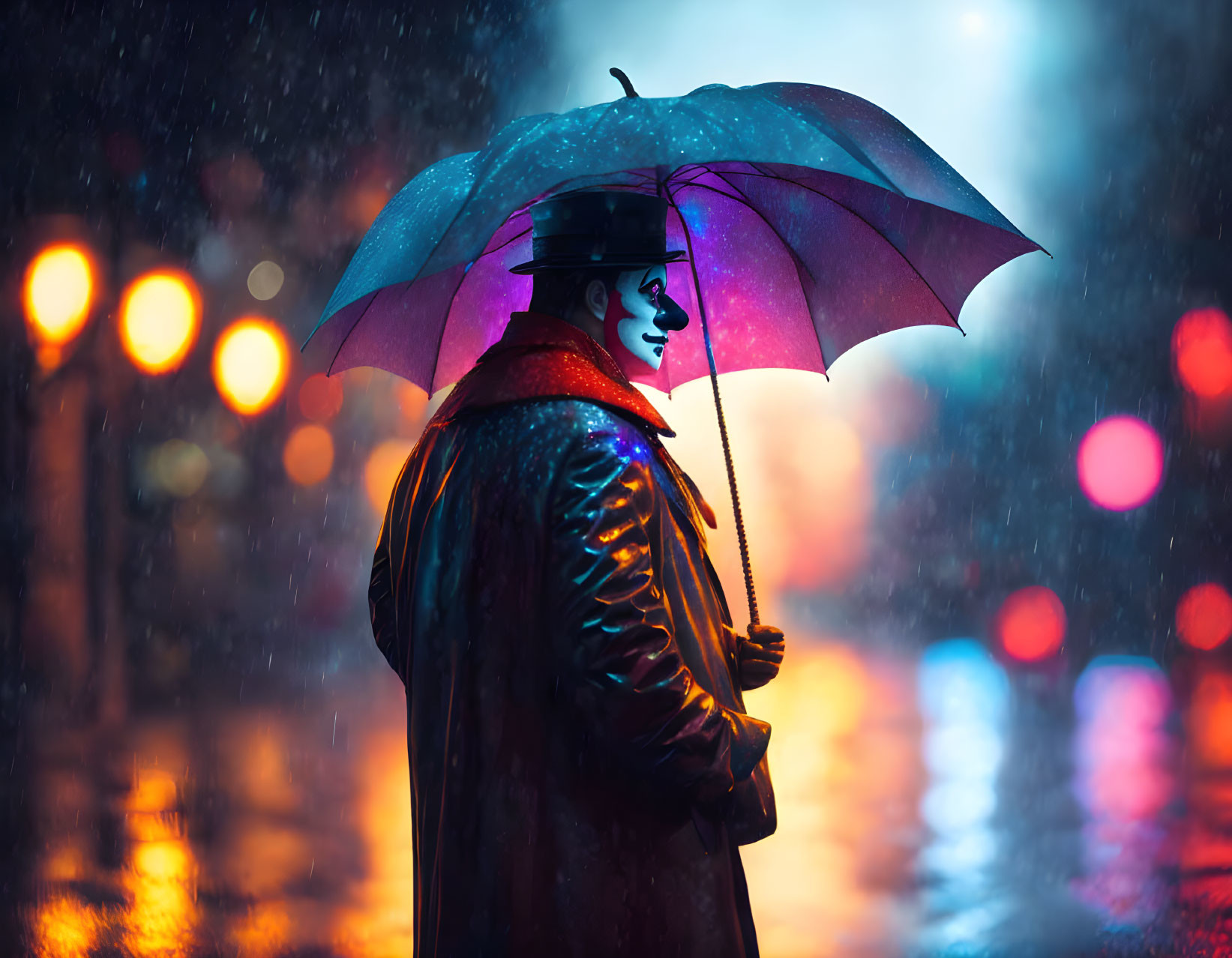 Mysterious figure in white mask under purple umbrella on neon-lit rainy street