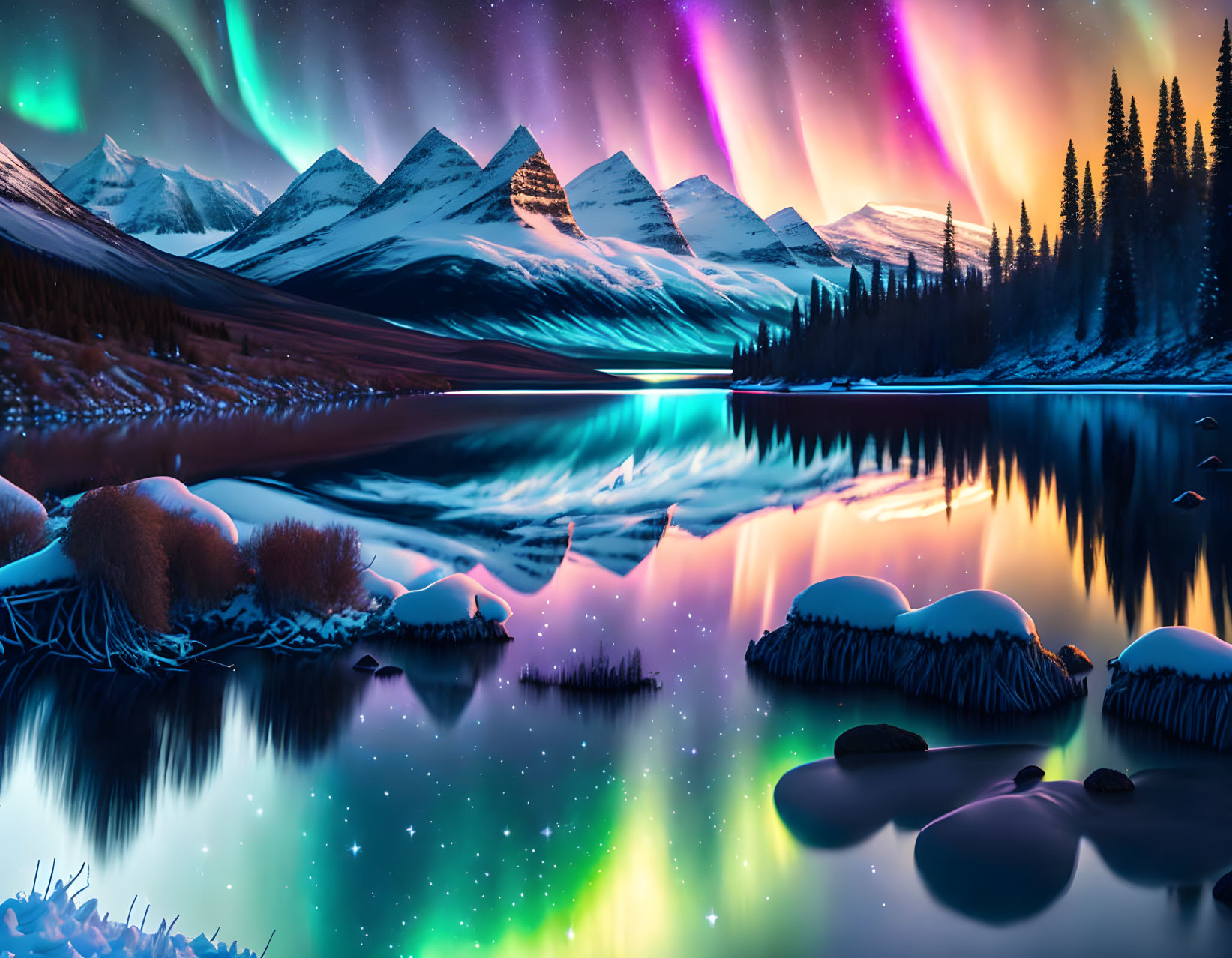 Northern Lights illuminate snowy mountain range and lake at night