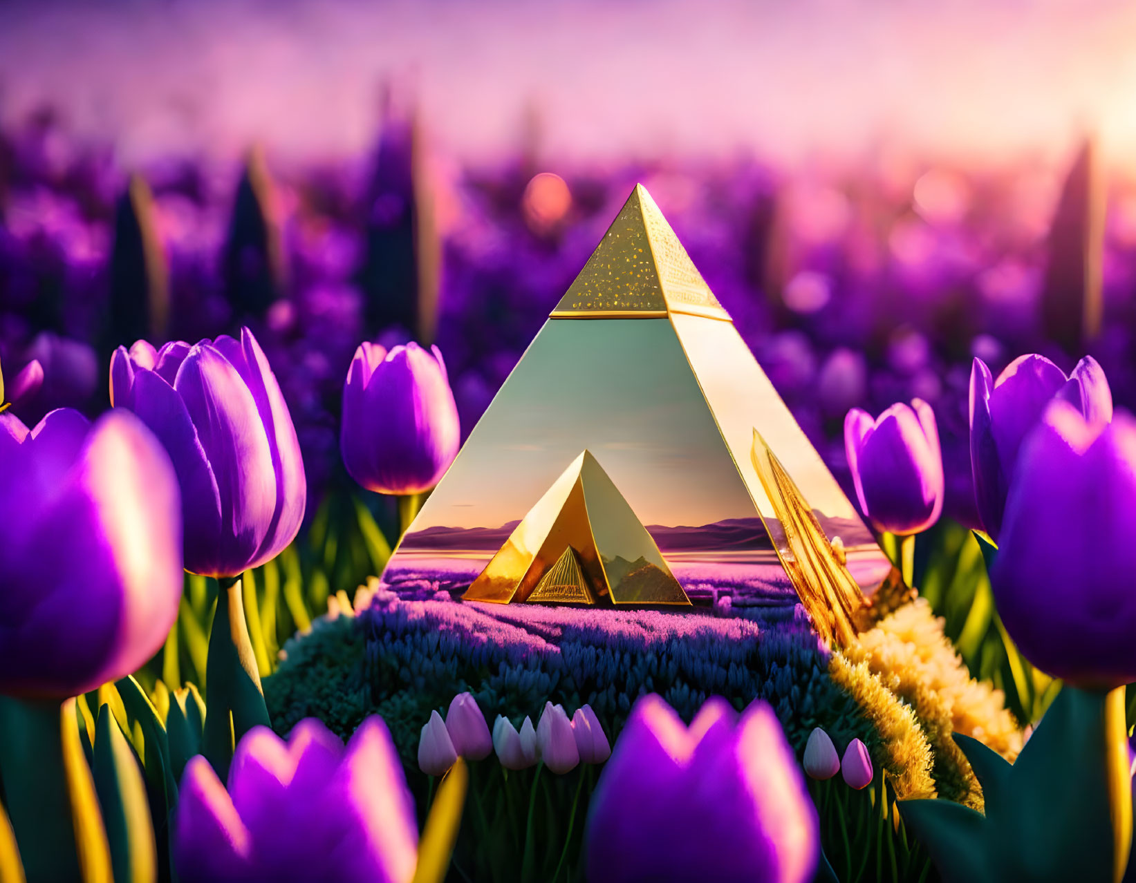 Surreal triangular mirror reflects daytime landscape with purple tulips under sunset sky