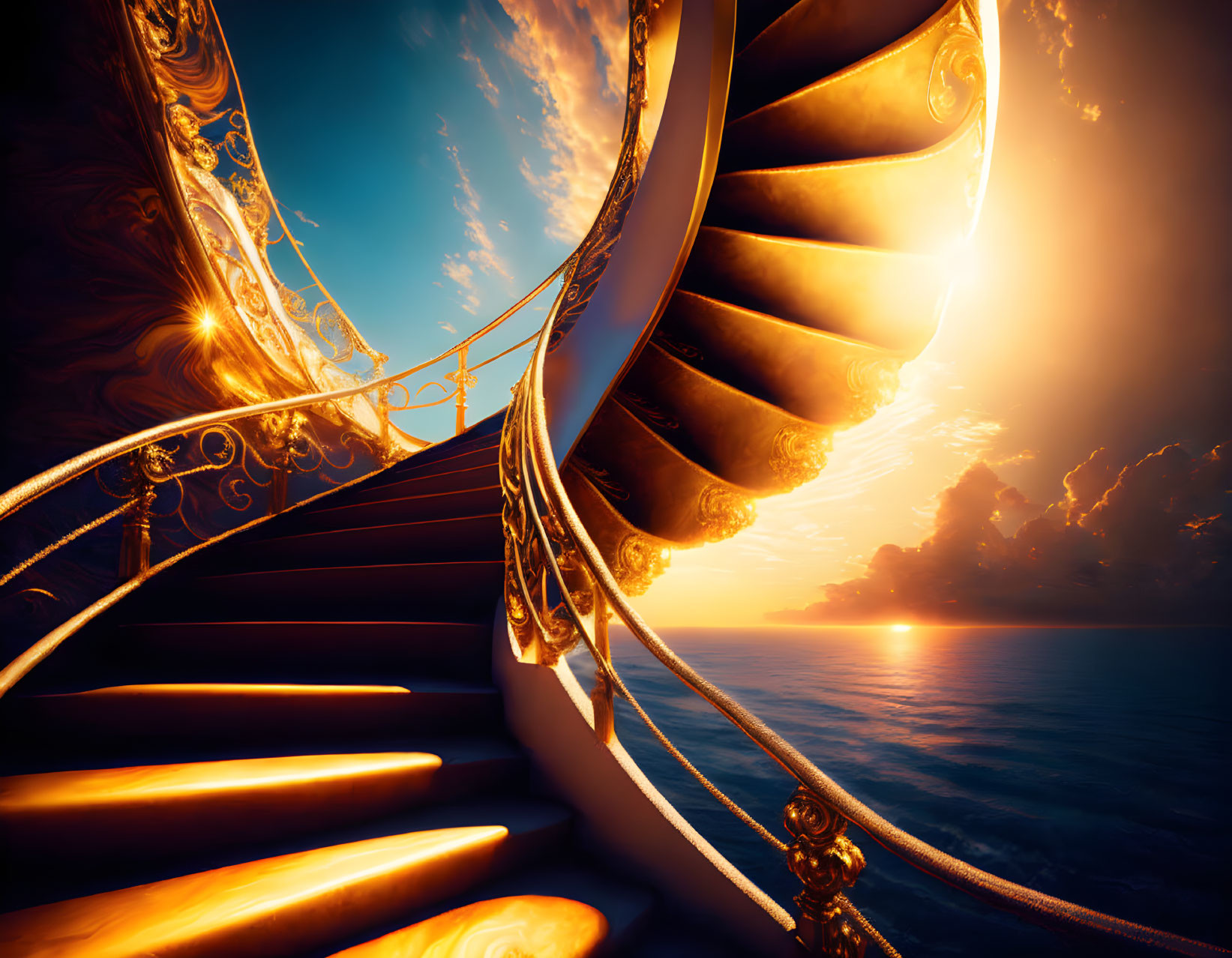 Luxurious golden spiral staircase against sunset ocean backdrop