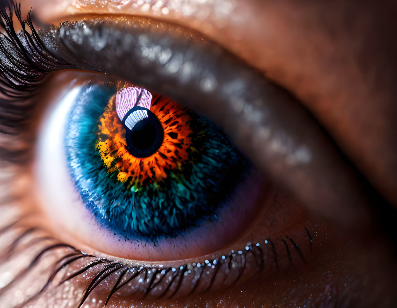 Detailed Vibrant Human Eye with Blue, Orange, and Yellow Iris Patterns