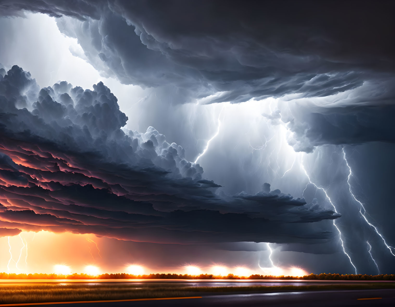 Intense lightning bolts in dramatic thunderstorm