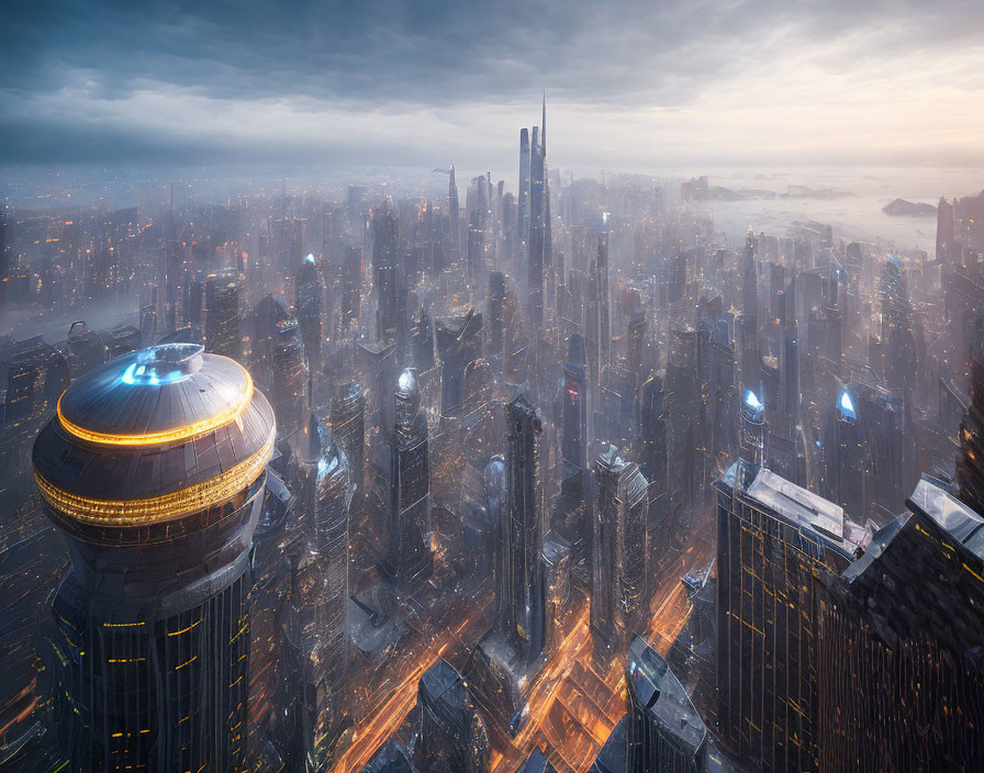 Futuristic cityscape at dusk with dense skyscrapers and glowing lights