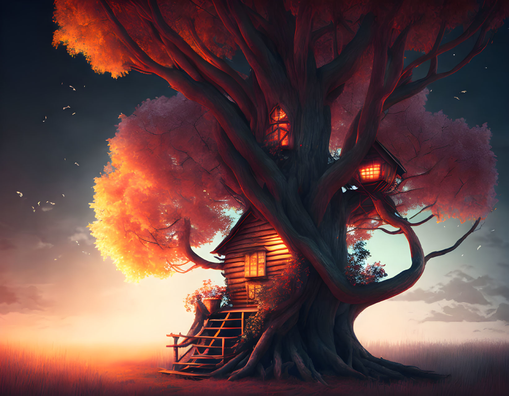 Glowing treehouse in ancient tree at sunset