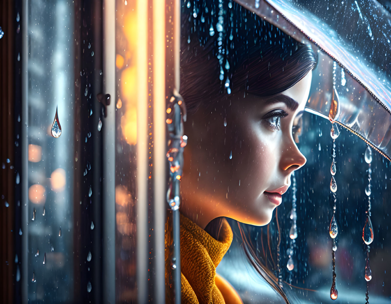 Woman in Yellow Scarf Contemplating City Lights Through Rainy Window