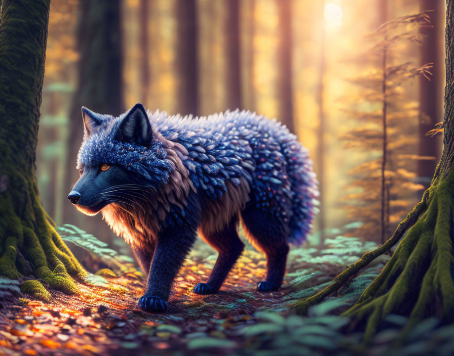 Mystic creature with fox-like appearance and blue feathers in enchanting forest