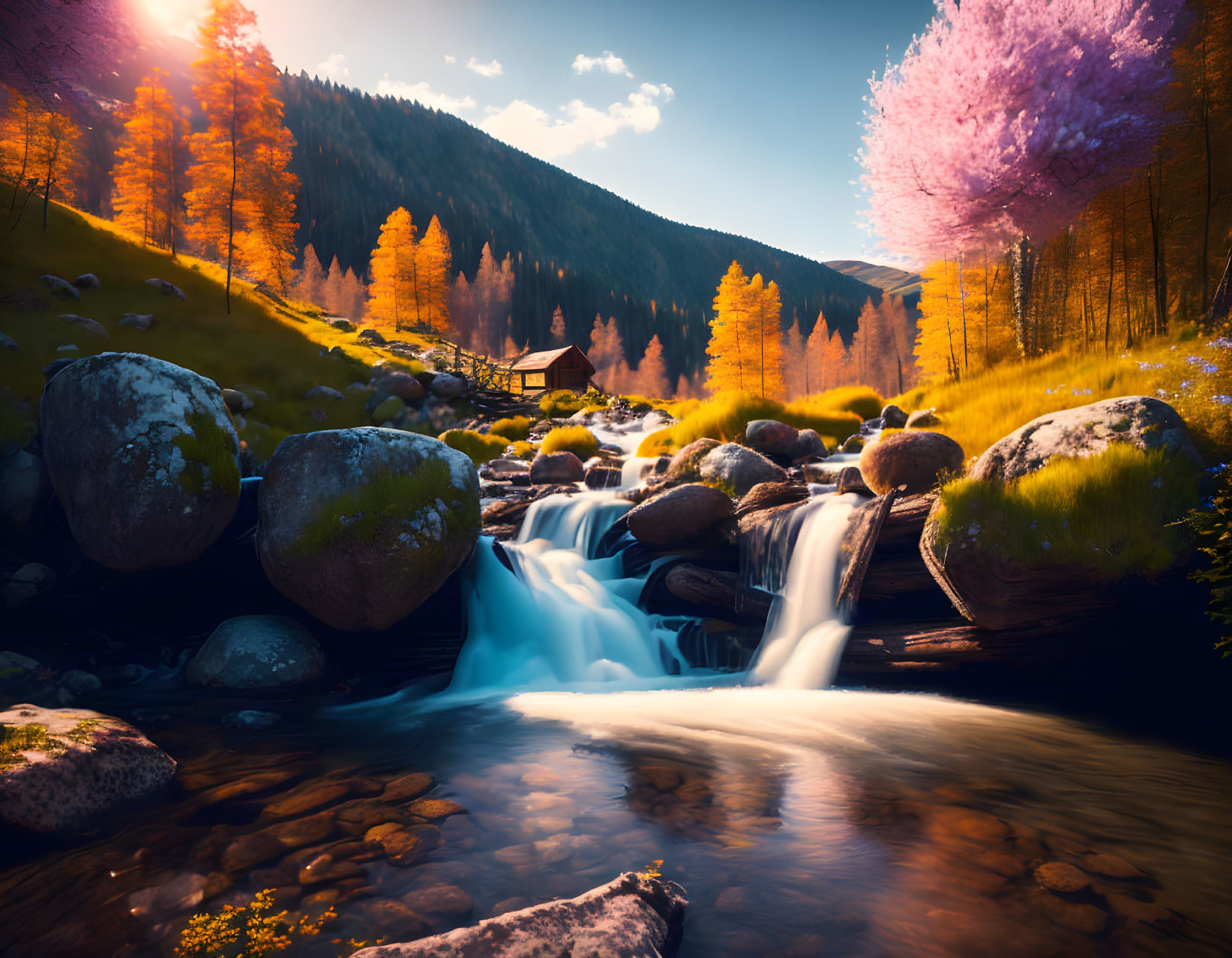 Tranquil waterfall in autumn forest with colorful trees and sunset sky