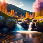 Tranquil waterfall in autumn forest with colorful trees and sunset sky