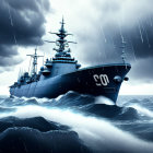 Warship navigating stormy sea in dark skies