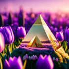 Surreal triangular mirror reflects daytime landscape with purple tulips under sunset sky