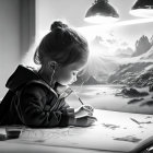 Child drawing at table with mountain backdrop and sunrise view.