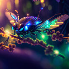 Colorful futuristic insect on glowing branch in neon backdrop